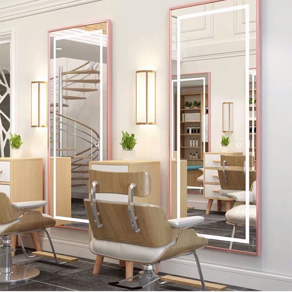 Pink Right Angle led Light Speculum Cabinet For Hair Salon Mirror With Door Styling Mirror