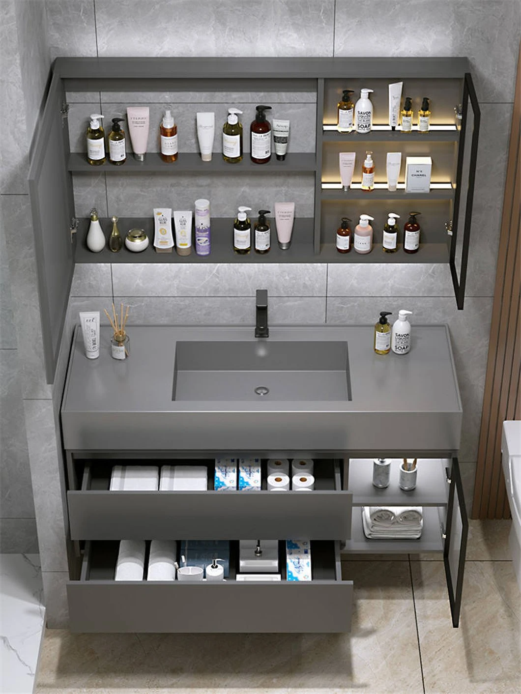 Factory Sales Black Marble Waterproof Bathroom Medicine Cabinet Bathroom Furniture Cabinet Lava Basin for Manus Lava