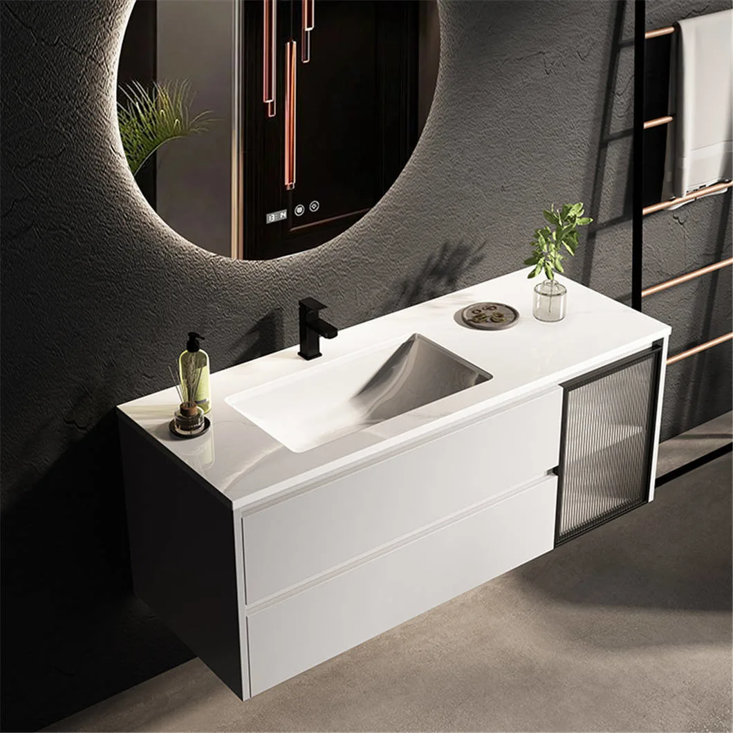 OEM Nordic Modern Style Bathroom Lava Basin Grey Single Sink Wood Bathroom Cabinet Combination with LED Mirror Cabinet