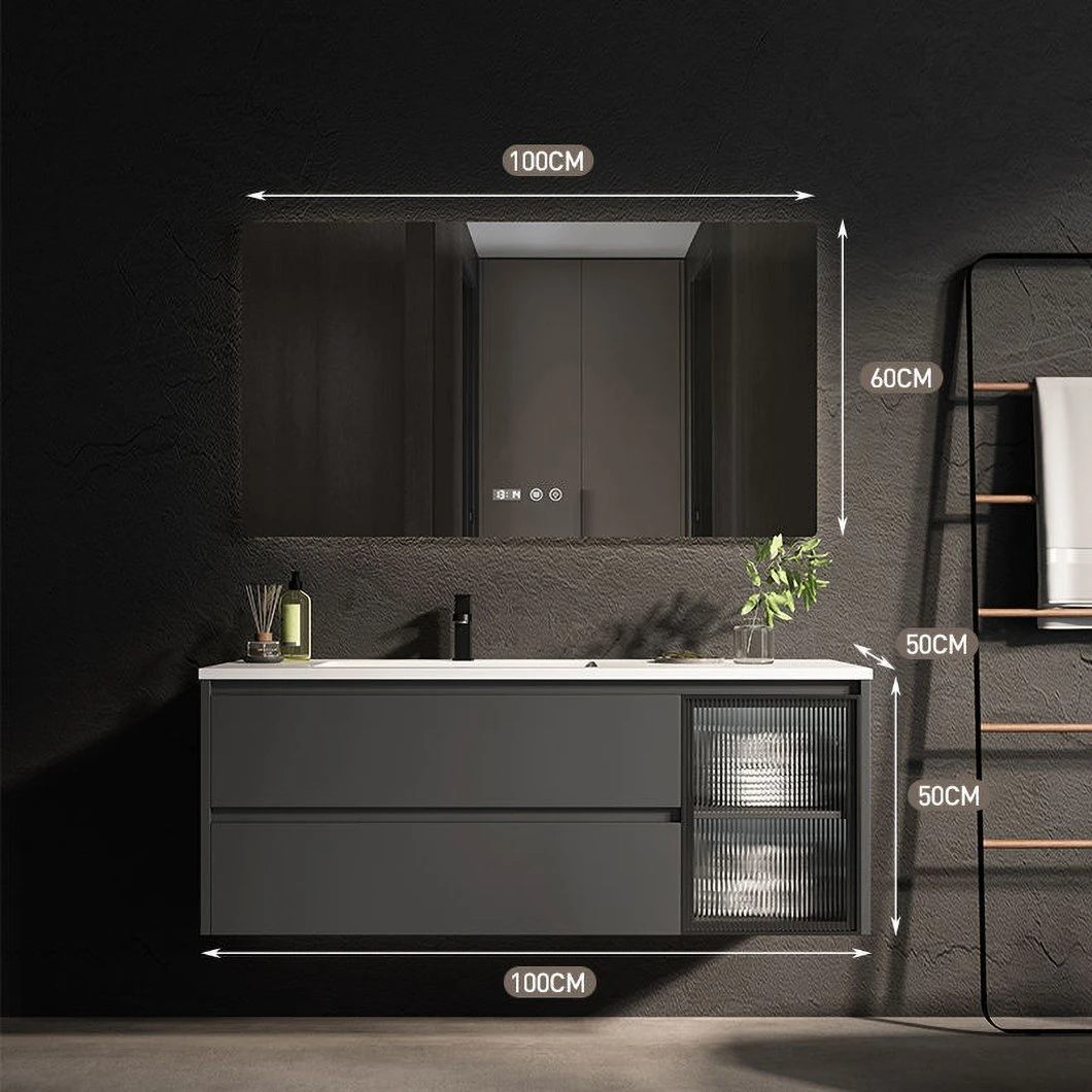 OEM Nordic Modern Style Bathroom Lava Basin Grey Single Sink Wood Bathroom Cabinet Combination with LED Mirror Cabinet