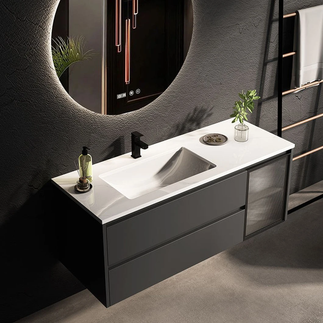 OEM Nordic Modern Style Bathroom Lava Basin Grey Single Sink Wood Bathroom Cabinet Combination with LED Mirror Cabinet