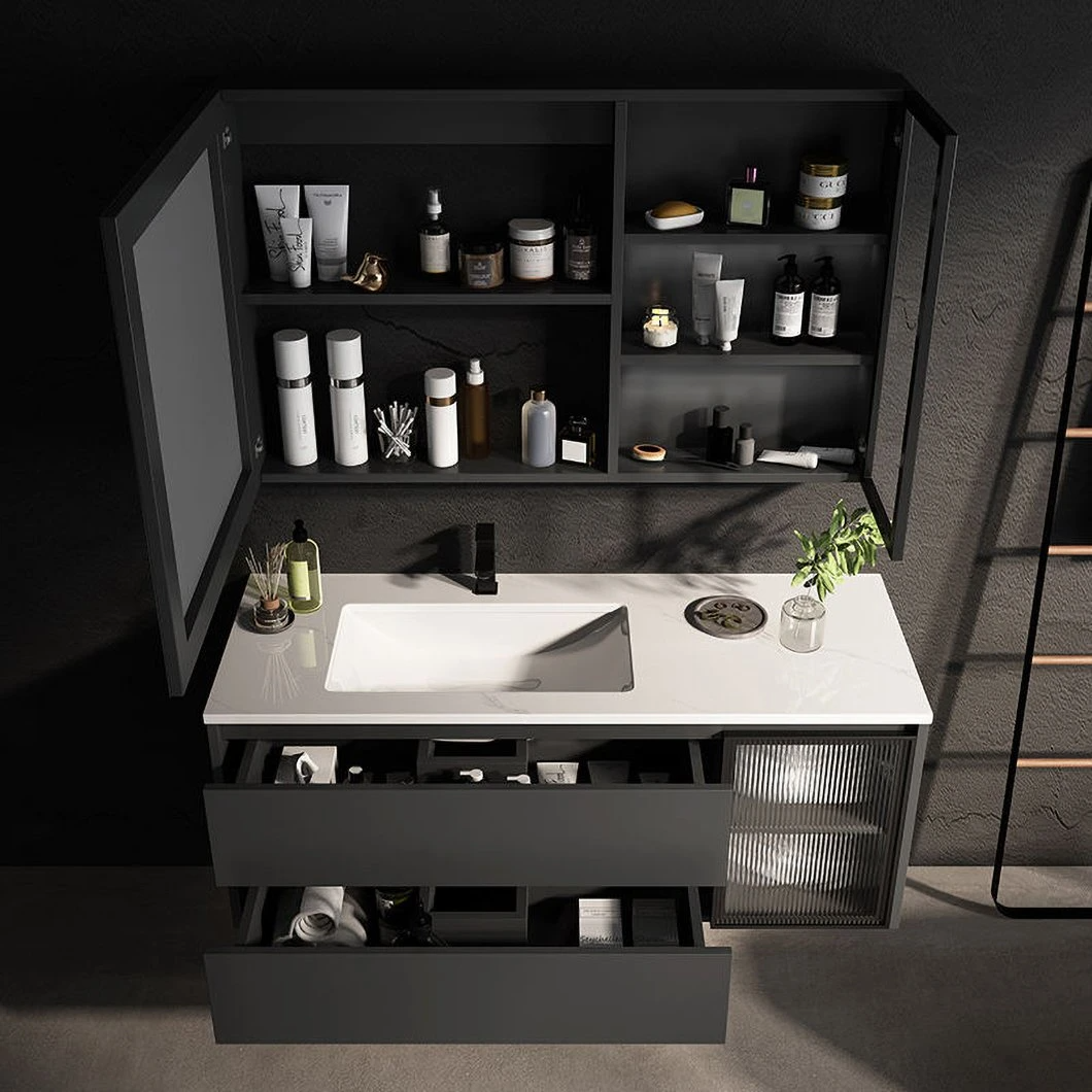 OEM Nordic Modern Style Bathroom Lava Basin Grey Single Sink Wood Bathroom Cabinet Combination with LED Mirror Cabinet